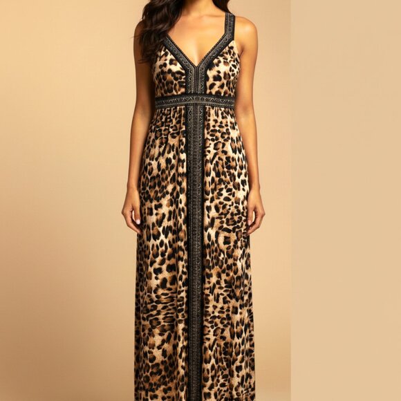 Carmen Leopard Print Criss-Cross Strap Maxi Dress with Embellished Trim - Picture 1 of 5